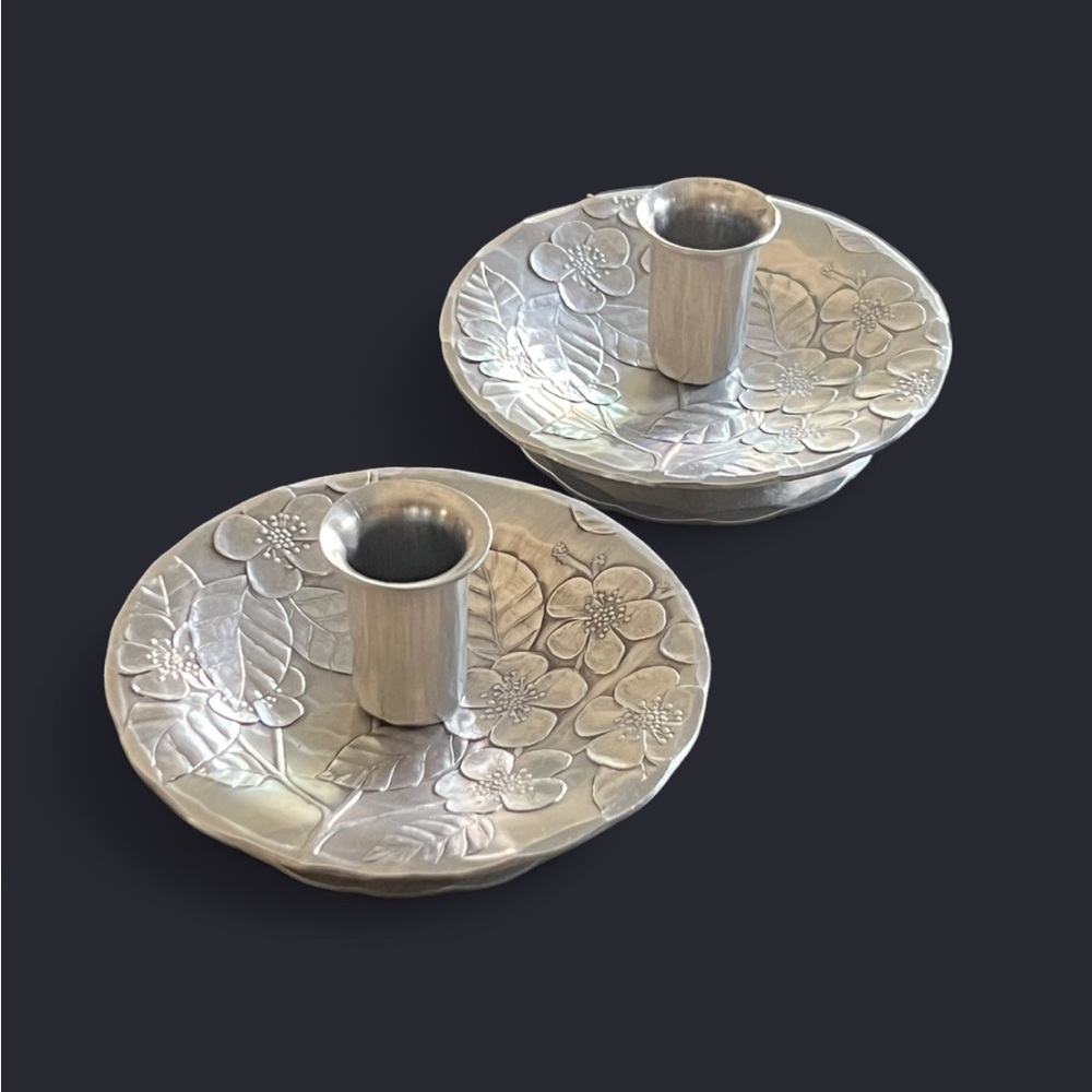 Pair of VINTAGE August Wendell Forge Hammered Aluminum Candlesticks